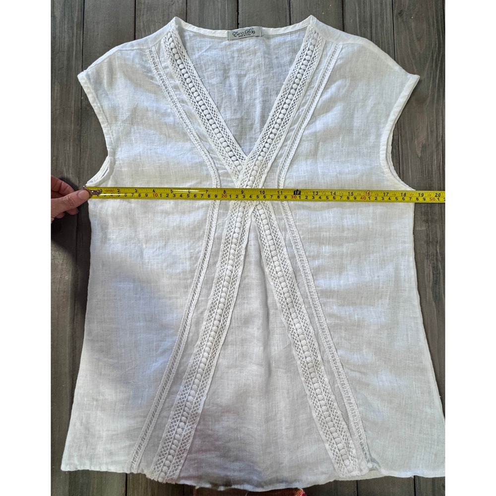 Elena Badi White 100% Linen Lace Trim V-Neck Top Made in Italy Womens Medium - Picture 7 of 8